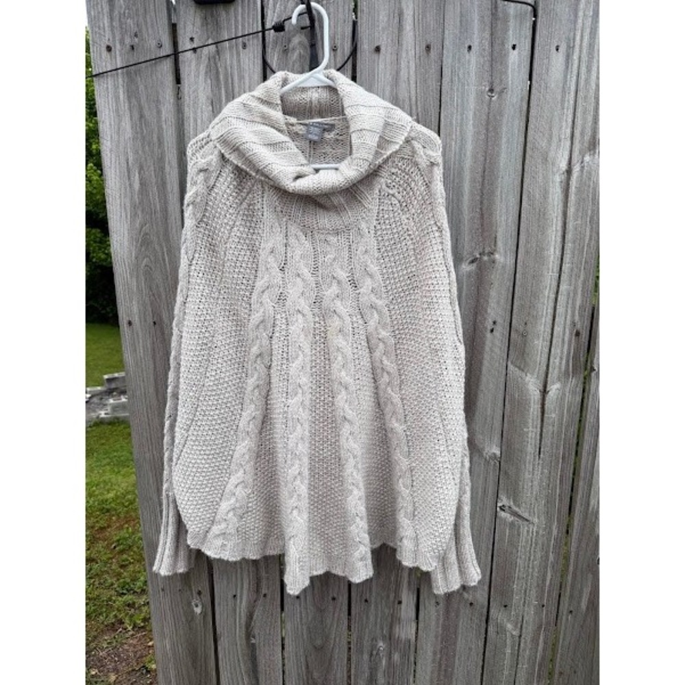 Boho Cable Knit Kate & Mallory Cowl Neck Poncho Sweater Womens XL Beige